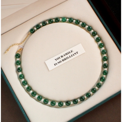 Green agate fresh water pearl necklace contrast color simple high sense light luxury national style beaded necklace