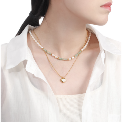 Double layer wear fresh  water pearl necklace and  advanced sense glaze love collarbone chain French beaded necklace female