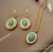 Copper plated real gold Europe and the United States retro court style earrings and necklace temperament niche mint green earrings collarbone chain