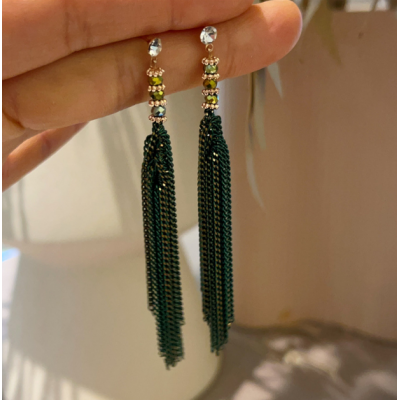 A niche design and handmade peacock green long tassel bohemian style heavy industry earrings tourism earrings