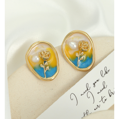 Oil painting style retro enamel flower earrings, freshwater pearls, versatile temperament, light luxury 925 silver needles, new Chinese style earrings