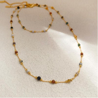 Copper plated real gold vintage color beaded hand necklace summer holiday style natural stone clavicle chain（necklace and bracket）